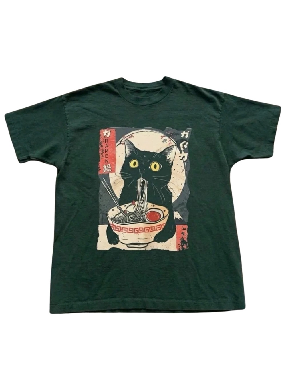 Gildan Dark Green Cat Ramen Graphic Tee